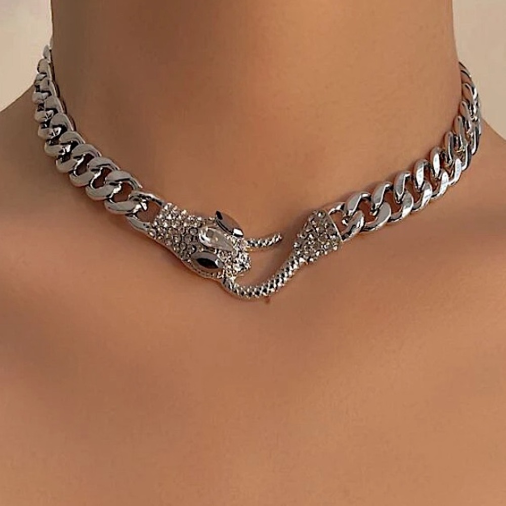 Silver Snake Hook Closure Zircon Choker